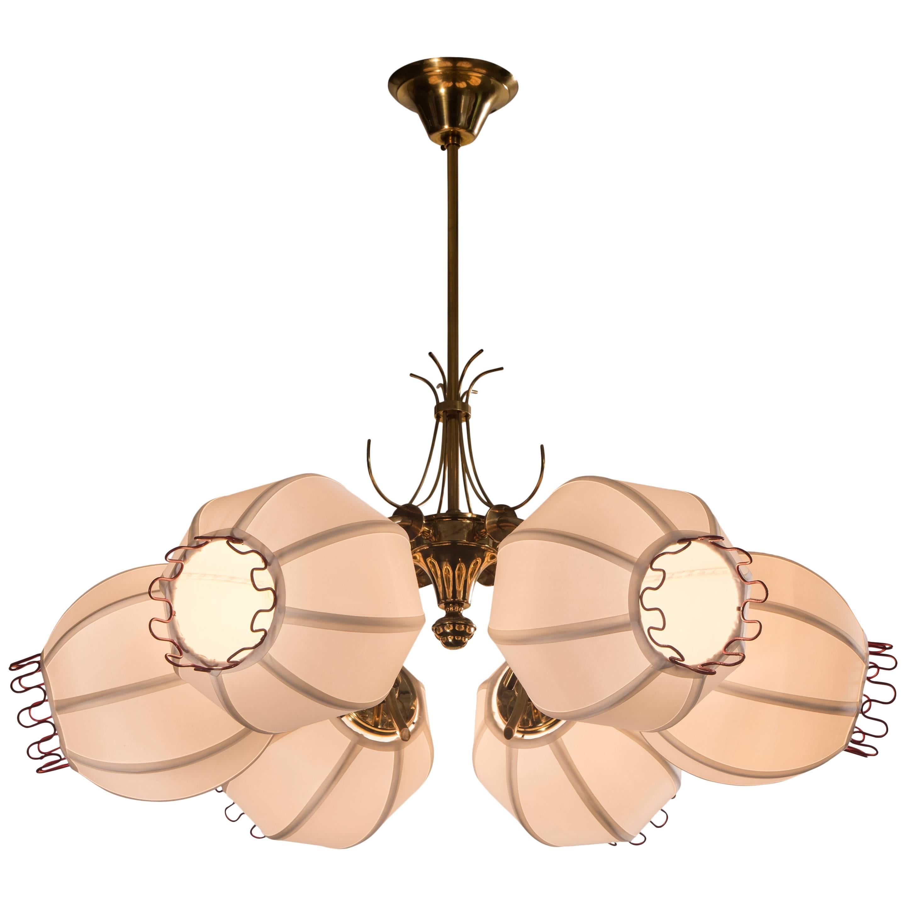 Unusual Swedish Brass, Wire and Silk Shaded Six-Light Chandelier For Sale