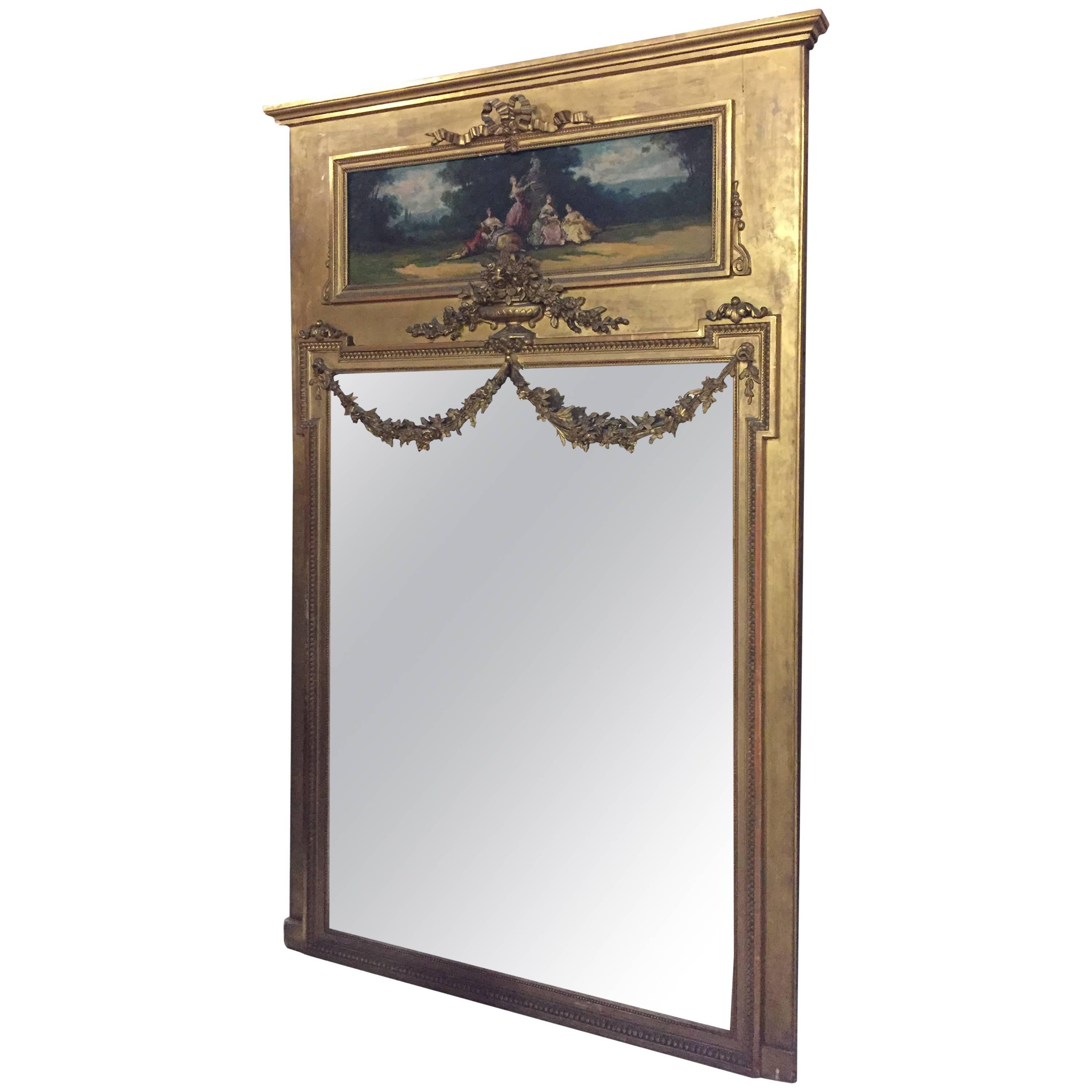 Antique 19th Century Trumeau Mirror with Oil Painting