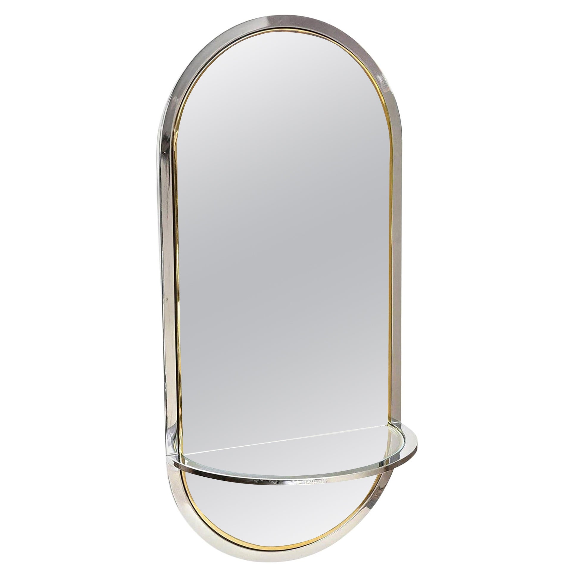 Pace Chrome and Brass Racetrack Wall Mirror with Glass Shelf Restored Vintage For Sale