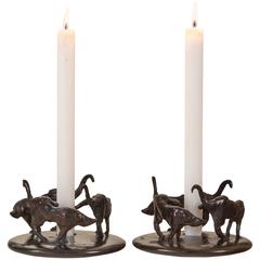 Hubert Le Gall, Pair of Patinated Bronze Ronde de Nuit Candlesticks