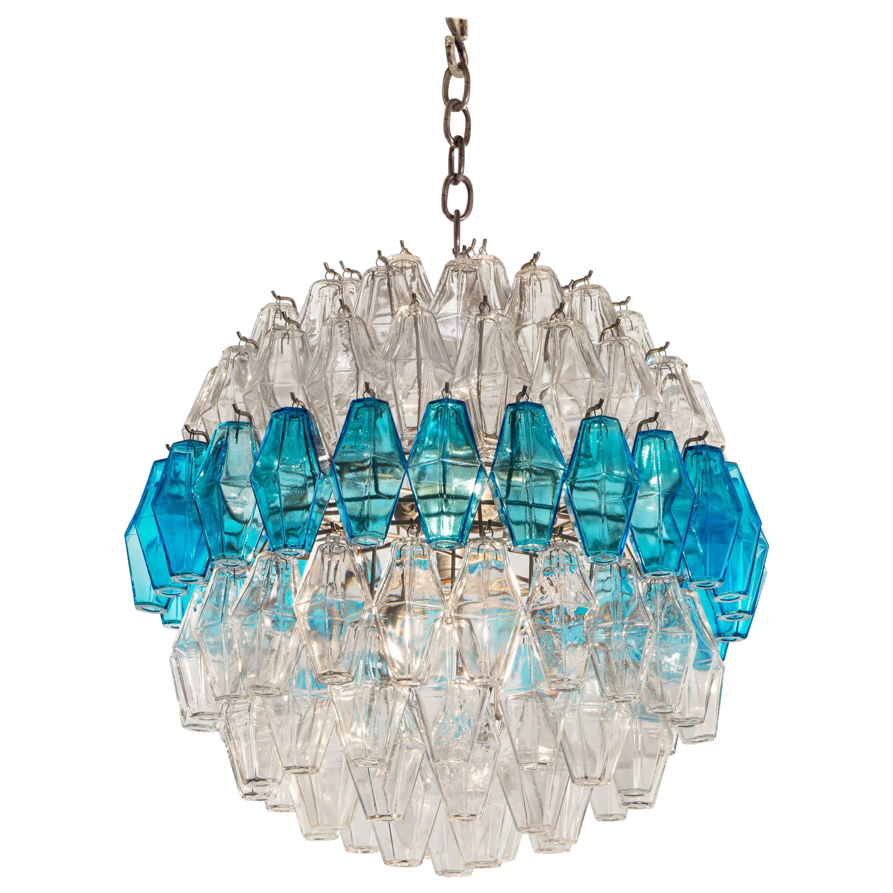 Rare Spherical Form Blue and Colorless Murano Glass Chandelier For Sale
