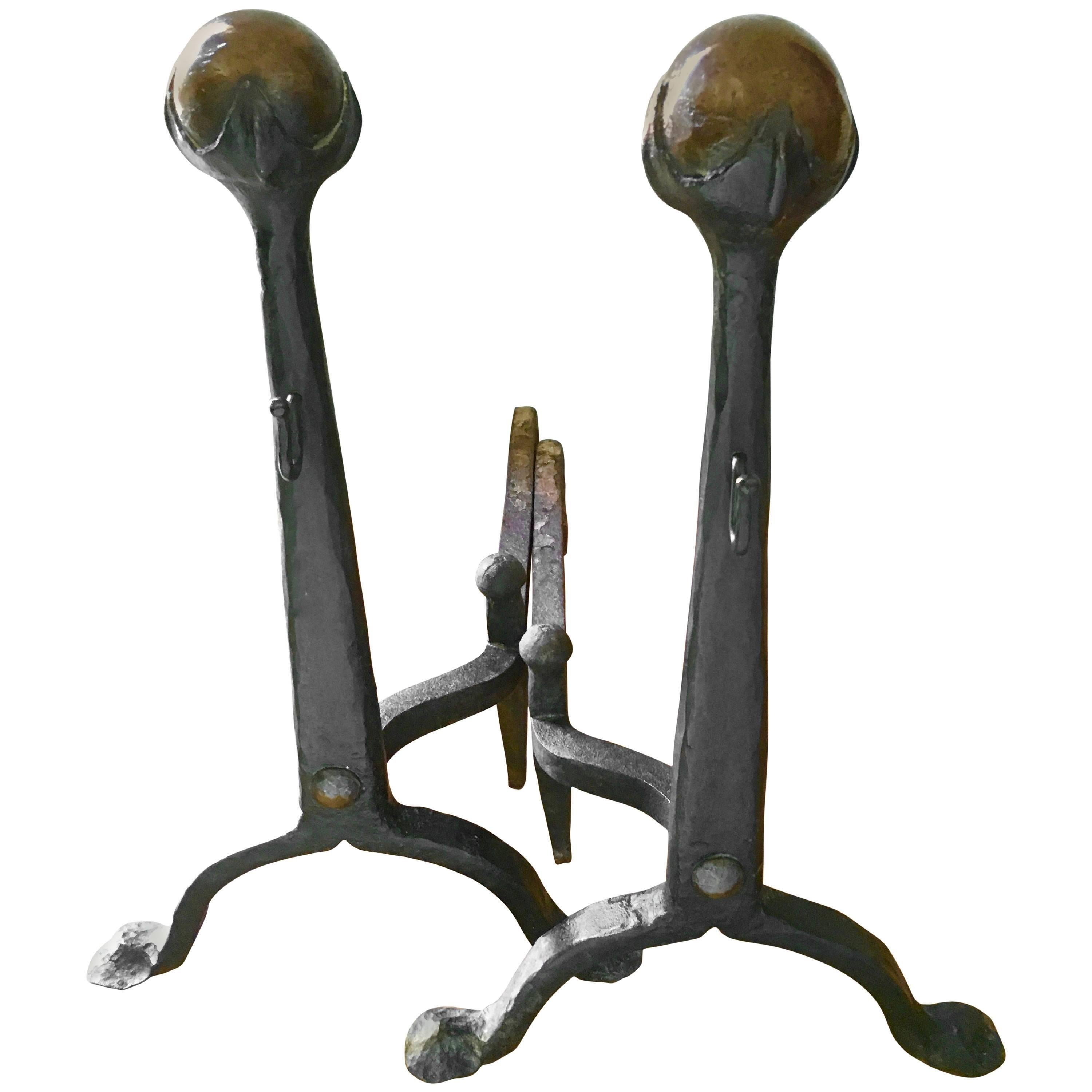 Pair of Hand-Forged Iron and Bronze Arts & Crafts Andirons
