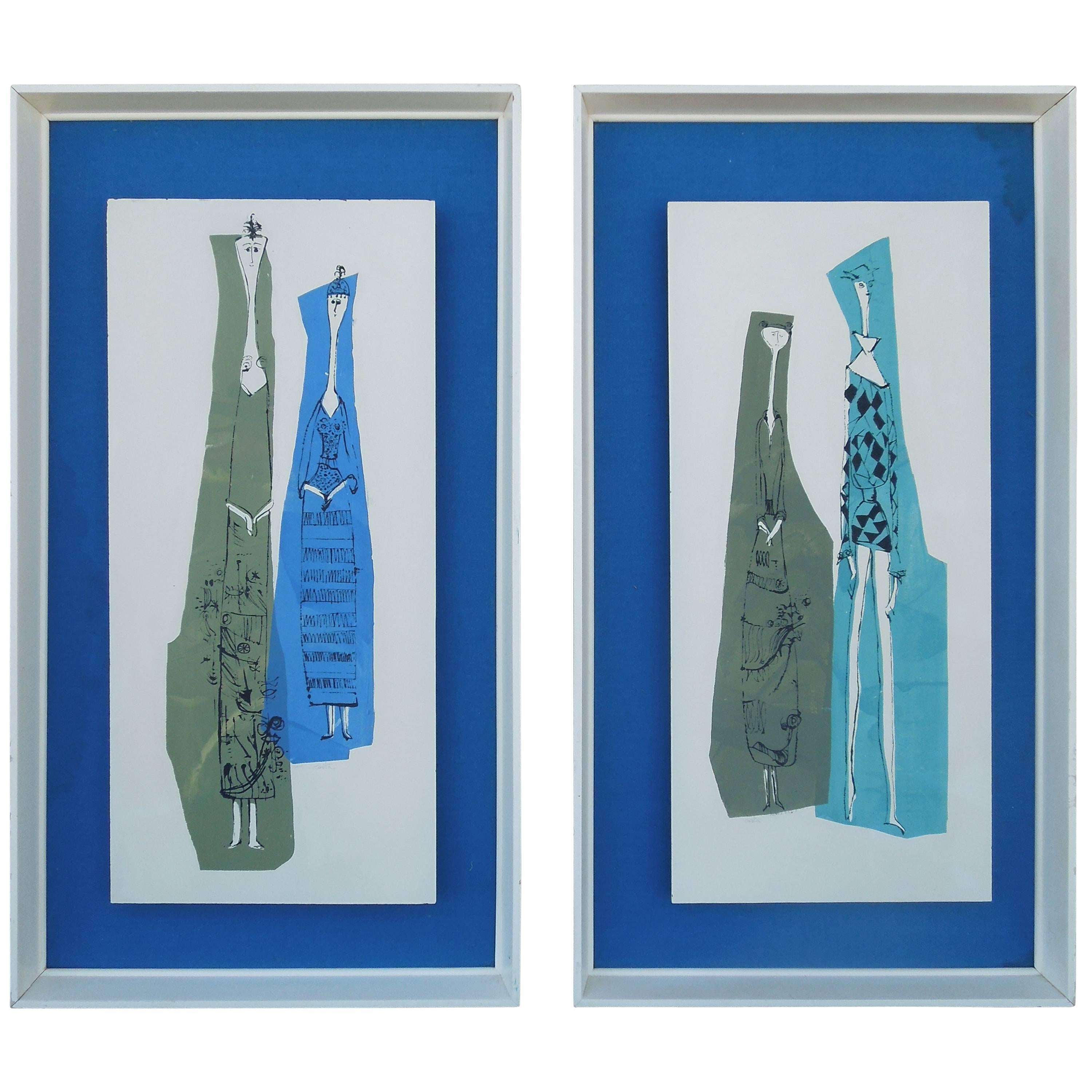 Pair of Rare Alex Kosta Figurative Mid-Century Silkscreens on Board