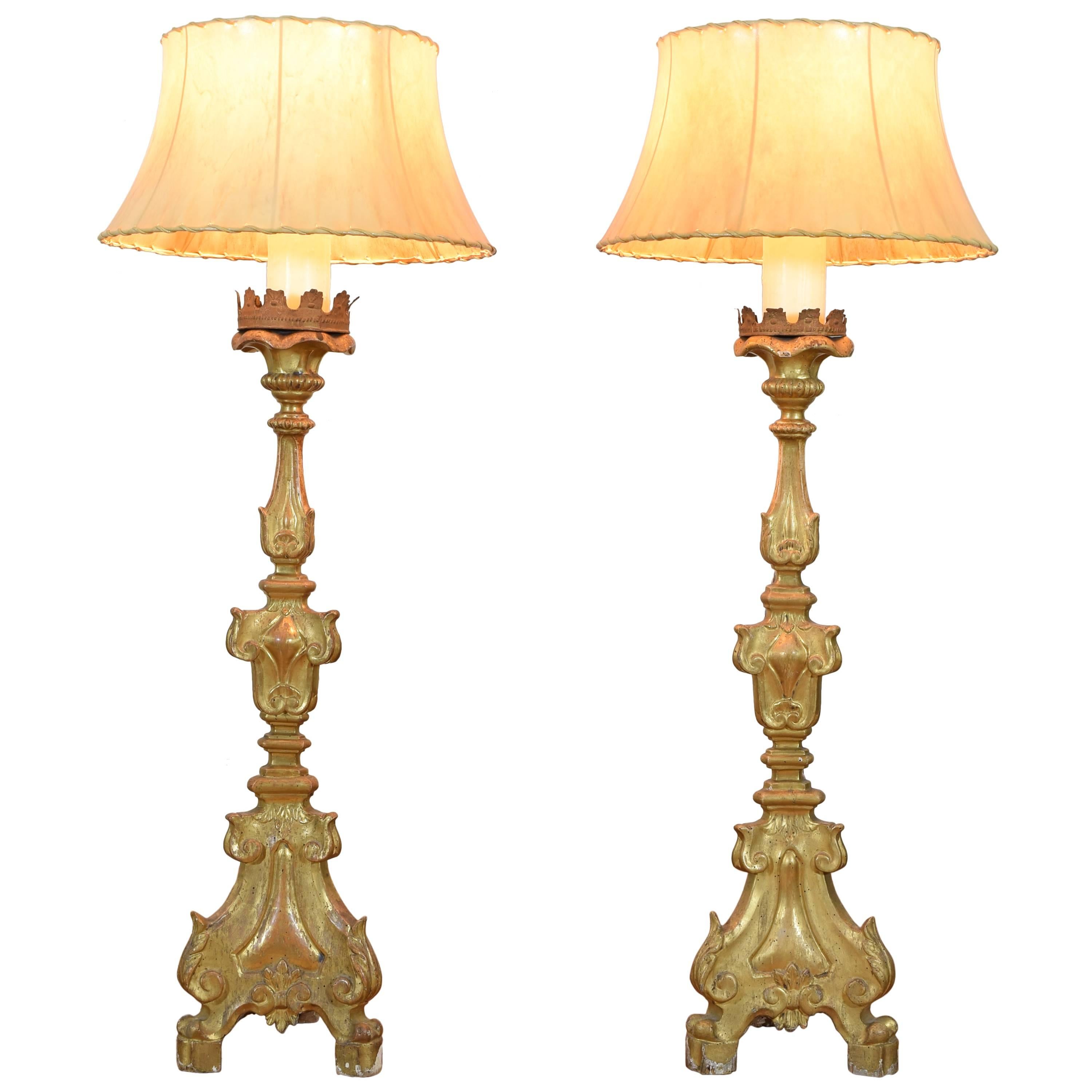 Pair of Italian Rococo Giltwood Candlesticks Mounted as Lamps, 18th Century