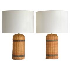 Pair of Mid-Century Woven Reed Table Lamps 4
