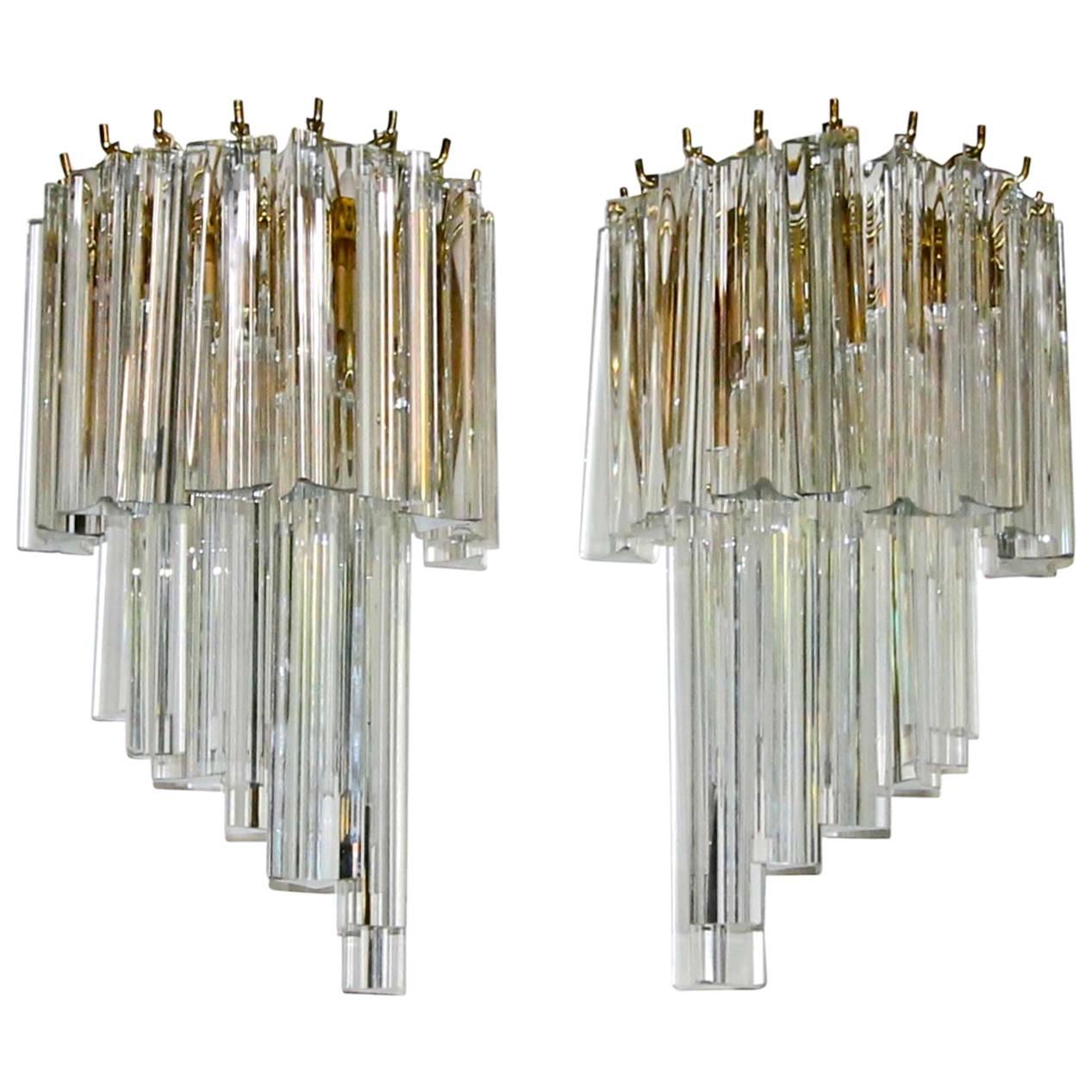 Pair of Venini Style Italian Triedi Glass Prism Wall Sconces For Sale