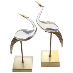 Shimmering and Stylized Pair of Brass and Glass Standing Cranes; Luca Bojola