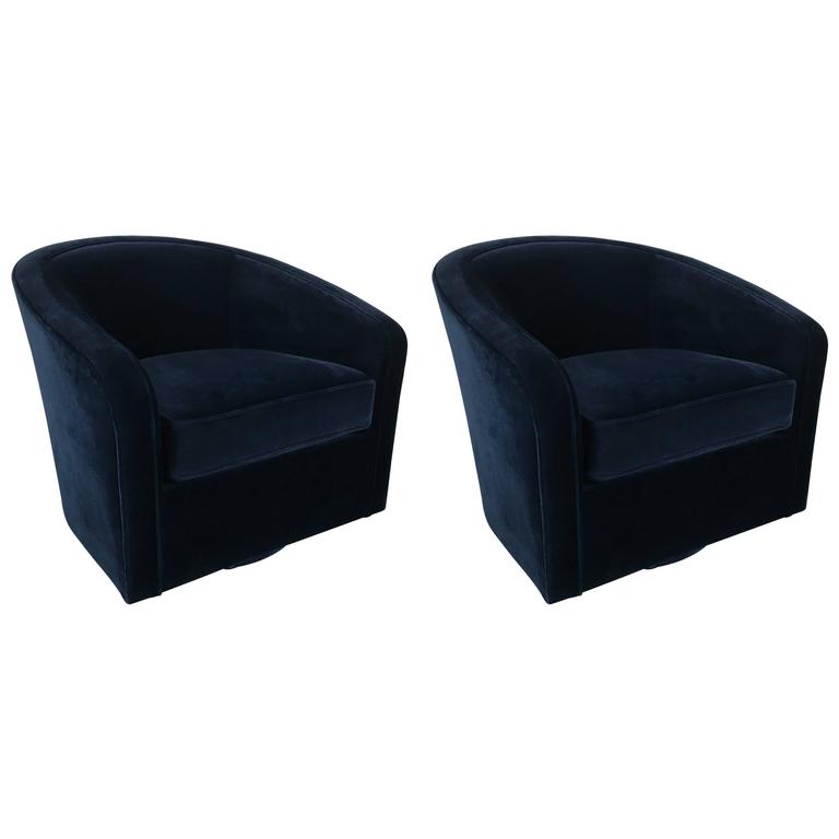 Pair Of Navy Velvet Swivel Chairs In The Style Milo Baughman At Pair Of Navy Velvet Swivel Chairs In The Style Milo Baughman For