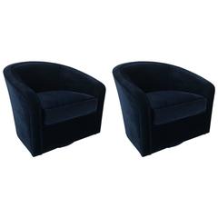 Pair of Navy Velvet Swivel Chairs in the Style of Milo Baughman