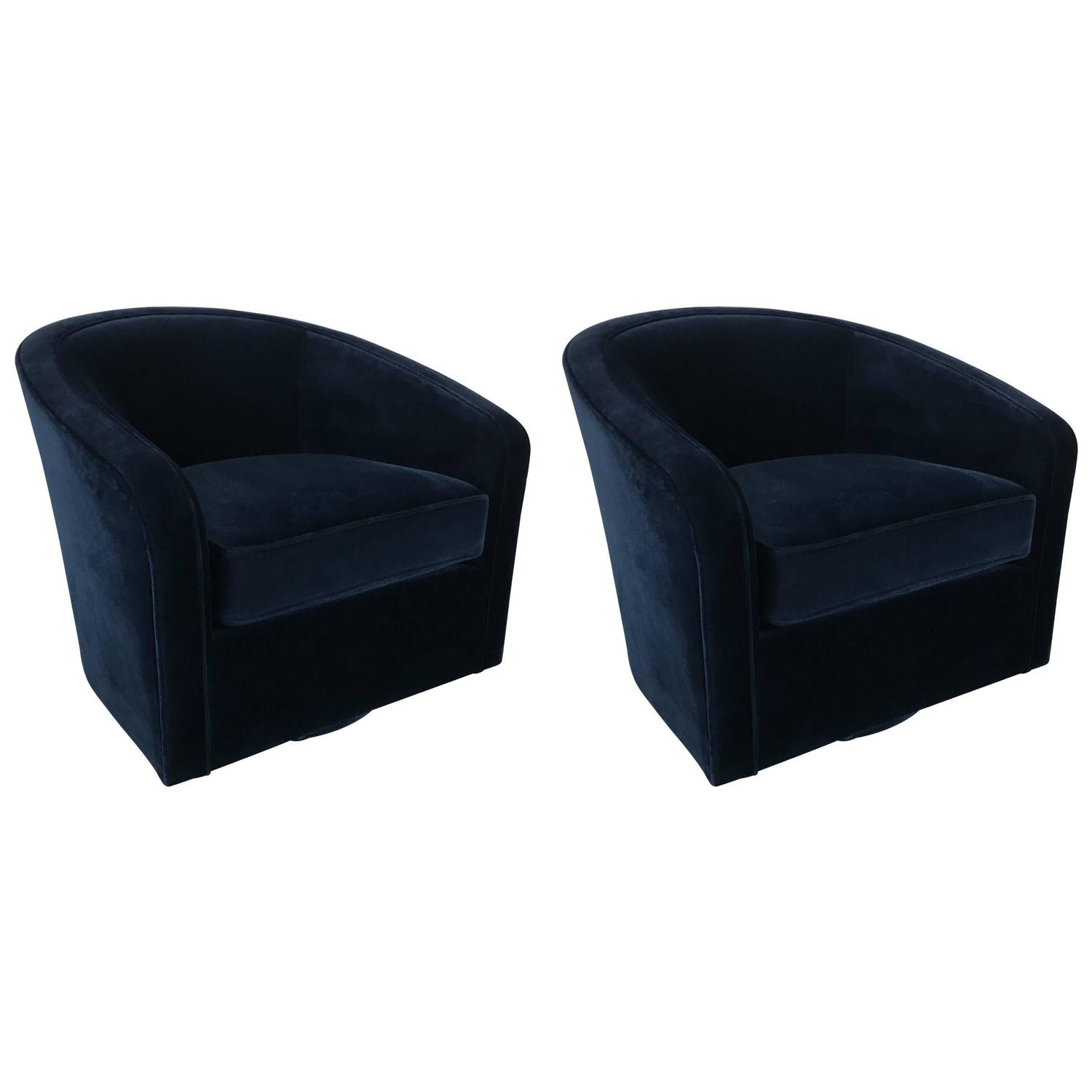 Pair of Navy Velvet Swivel Chairs in the Style of Milo Baughman at 1stdibs