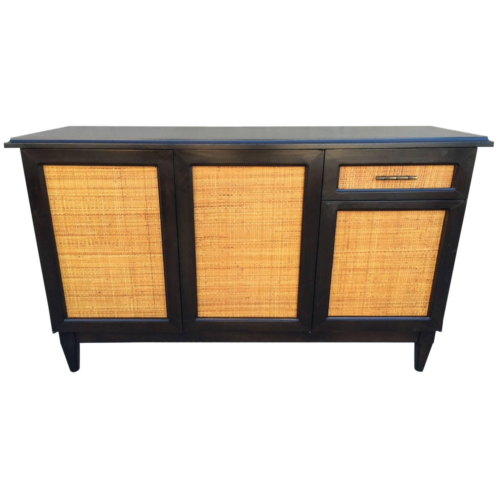 Light Color Cane and Dark Walnut Credenza in the Manner of Edward Wormley