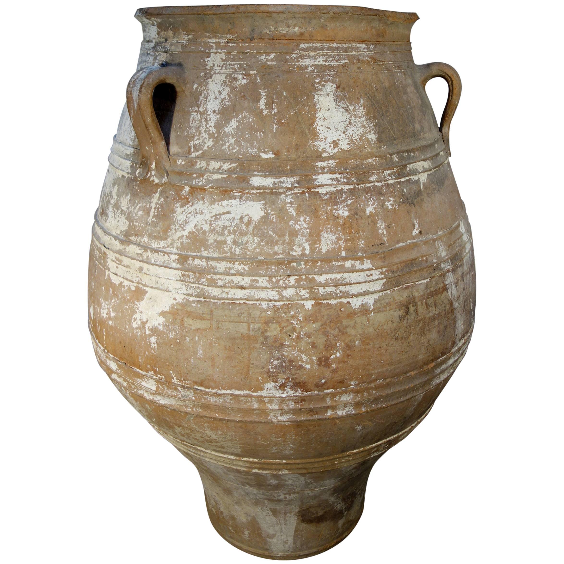 19th Century Antique Large Mediterranean Terracotta Amphora Jar White Patina 