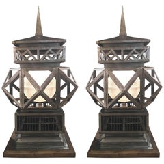 Pair of Large-Scale Vintage Welded Lanterns