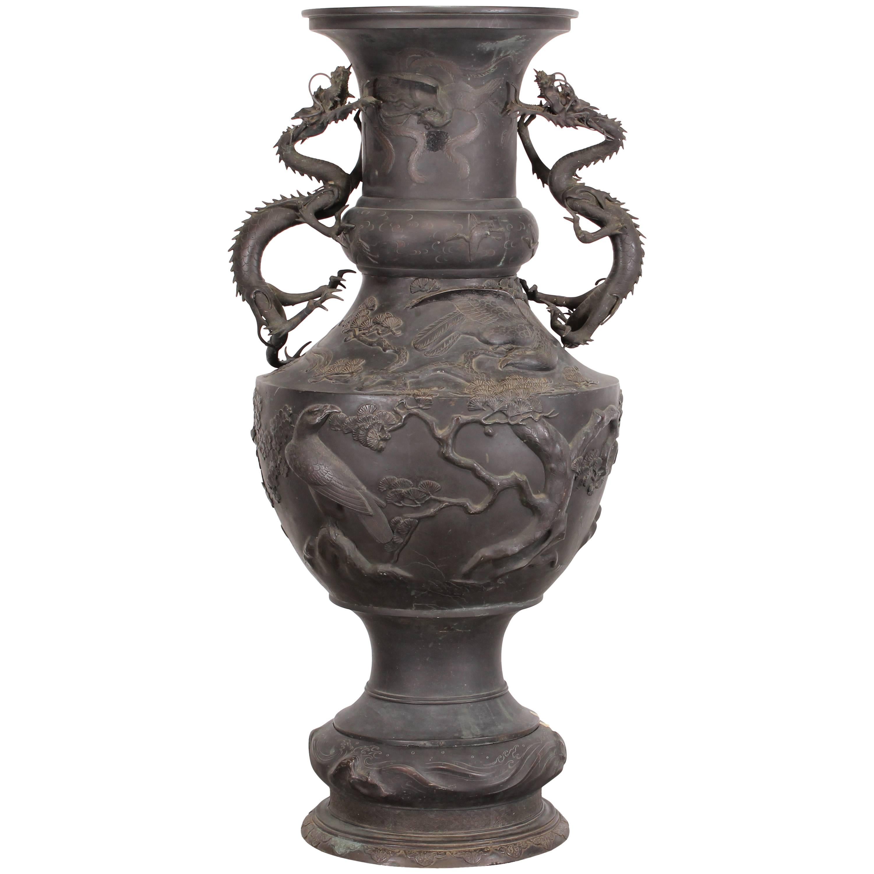 Japanese Monumental 54.75 Inch Meiji Bronze Dragon Vase