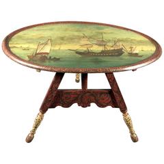 Harbor Scene Painted and Decorated Tilt-Top Tripod Table, circa 1870