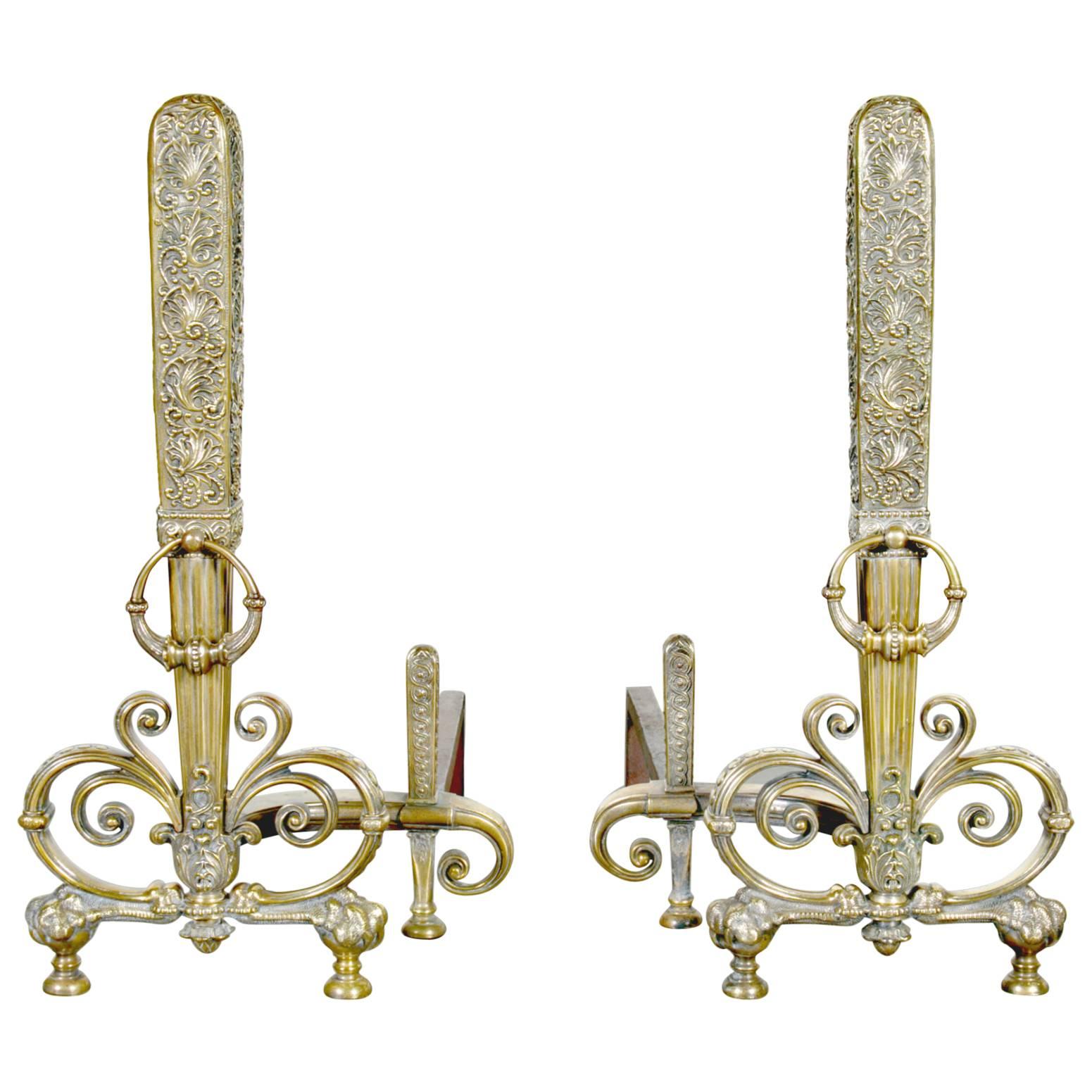 Fine Pair of Brass and Wrought Iron Andirons Attributed to Tiffany Studios For Sale
