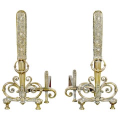 Fine Pair of Brass and Wrought Iron Andirons Attributed to Tiffany Studios