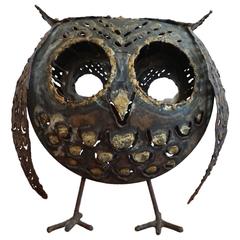 Vintage 1960s Brutalist Metal Owl Sculpture Made of Volkswagen Hubcaps
