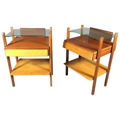 1950s Italian Lacquered Birch, Teak and Glass Nightstands, Pair