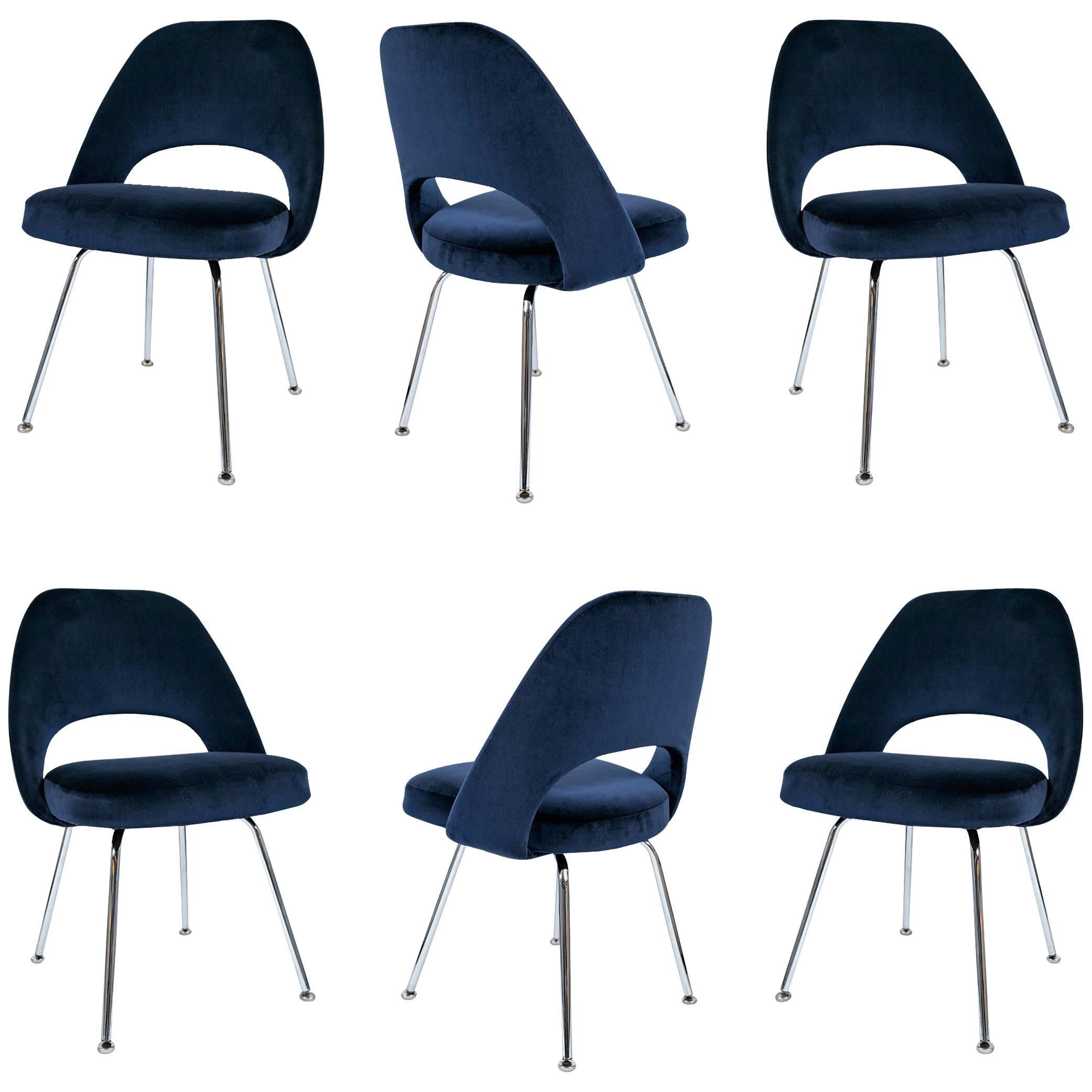 Saarinen Executive Armless Chairs in Navy Velvet, Set of Six