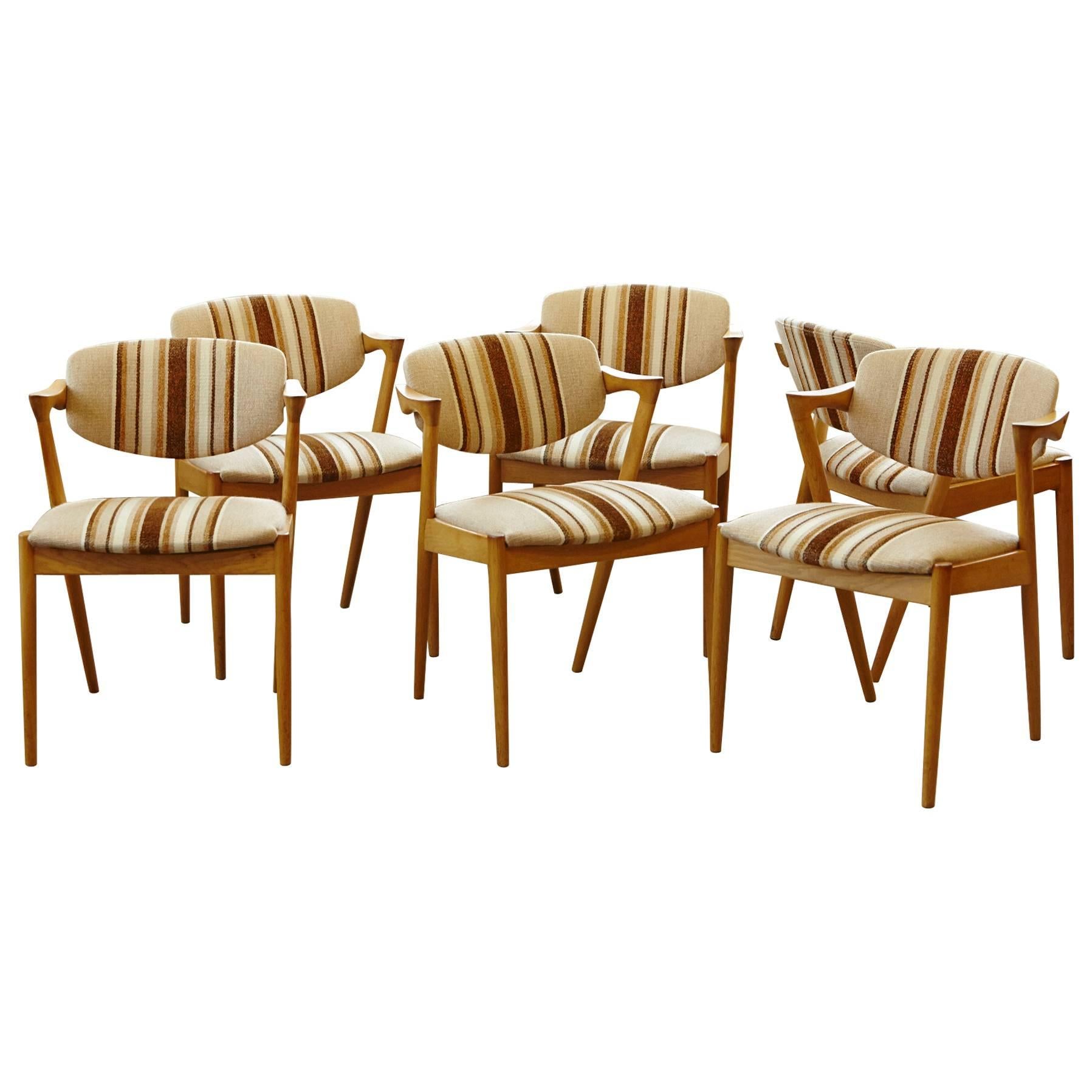 Set of Six Dining Chairs Model 42 by Kai Kristiansen in Oak and Original Fabric