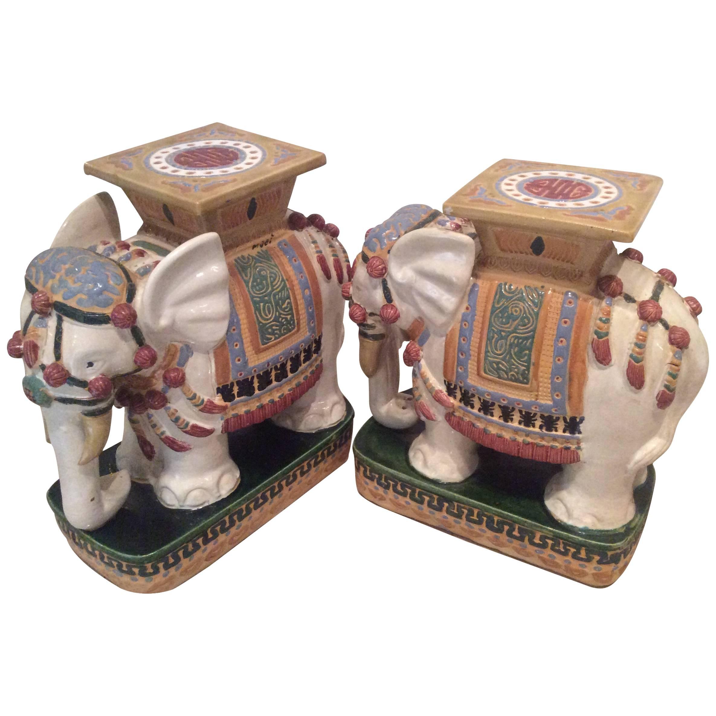 Elephant Garden Stands Stools Vintage Pair Side End Tables Vietnam Ceramic