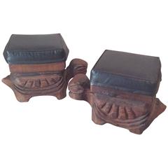Turtles Vintage Pair of Carved Wood Garden Stands Stools Ottomans Benches 5