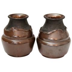 Pair of Antique English Bretby Arts and Crafts Copper Clad Pottery Vases