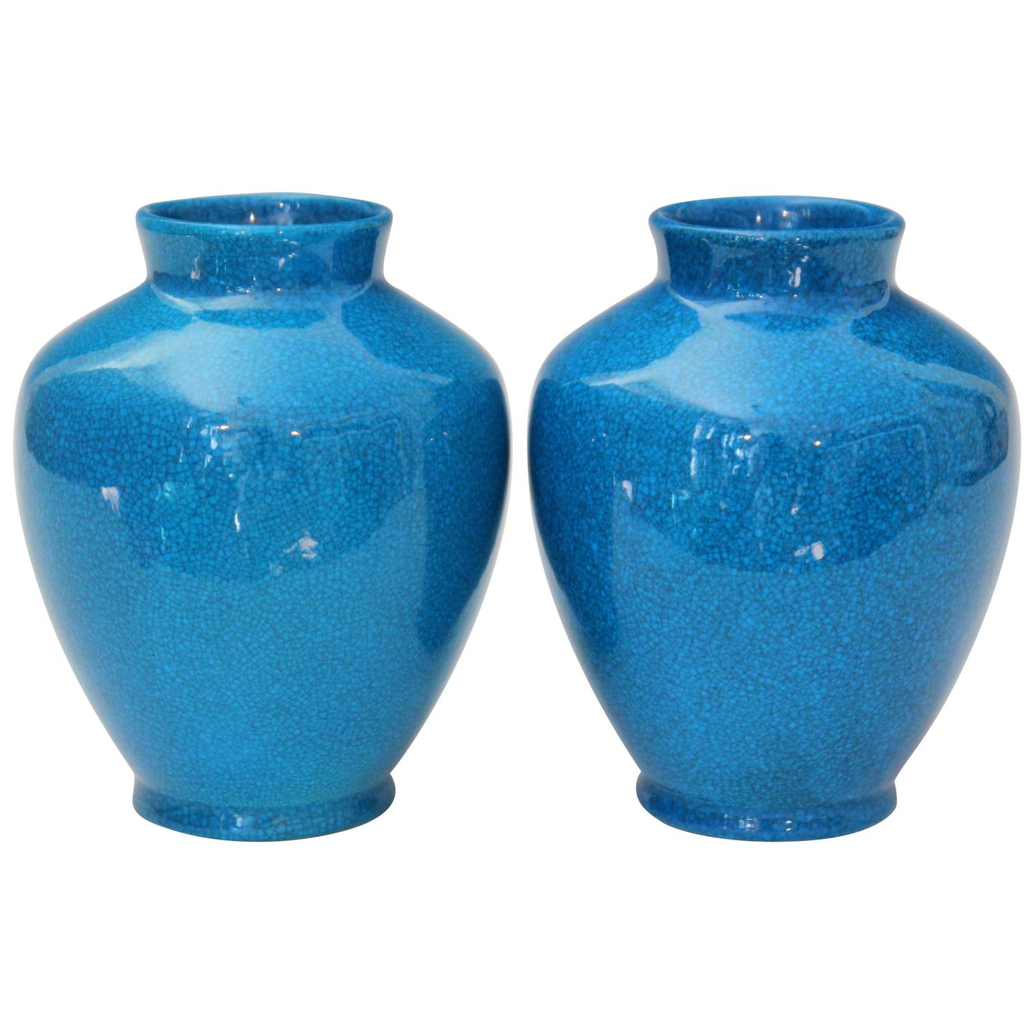 Pair of Vintage Boch Freres Art Deco Turquoise Crackle Glaze Pottery