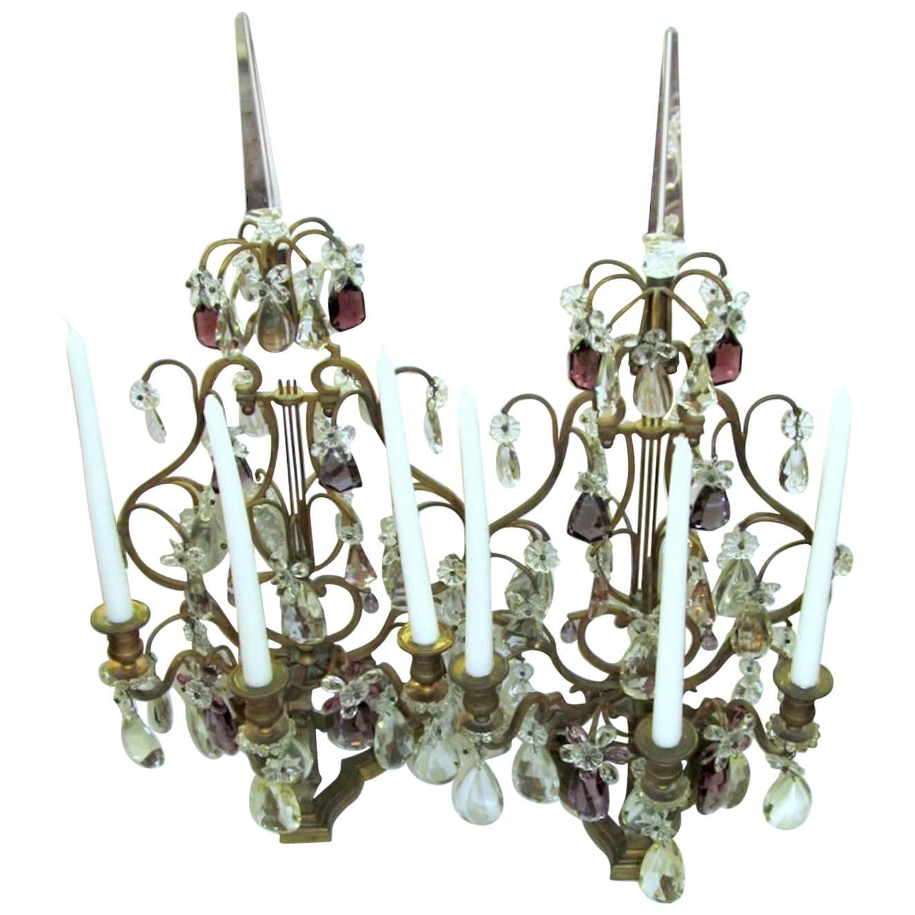 Pair of Antique French Ormolu and Cut Crystal Three-Light Candelabra