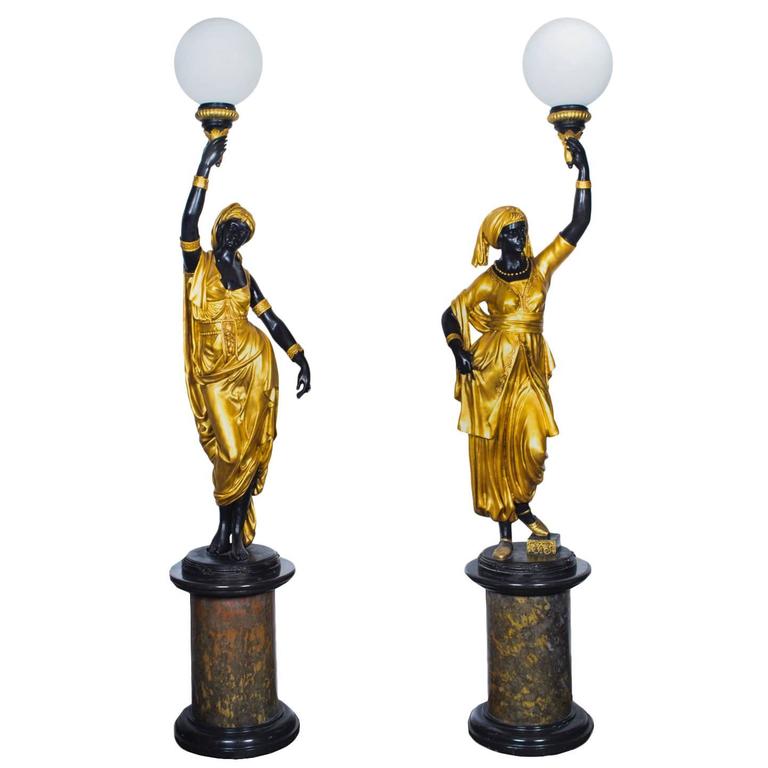 Pair of Gilded Bronze Blackamoor Lamps on Stands For Sale at 1stdibs