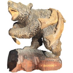 Japanese Large Antique Hand made Hand carved Bear and Salmon