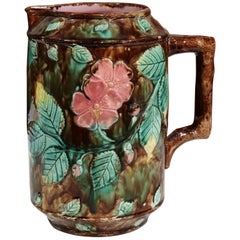 19th Century French Barbotine Water Pitcher with Floral Leaf and Nut Decor