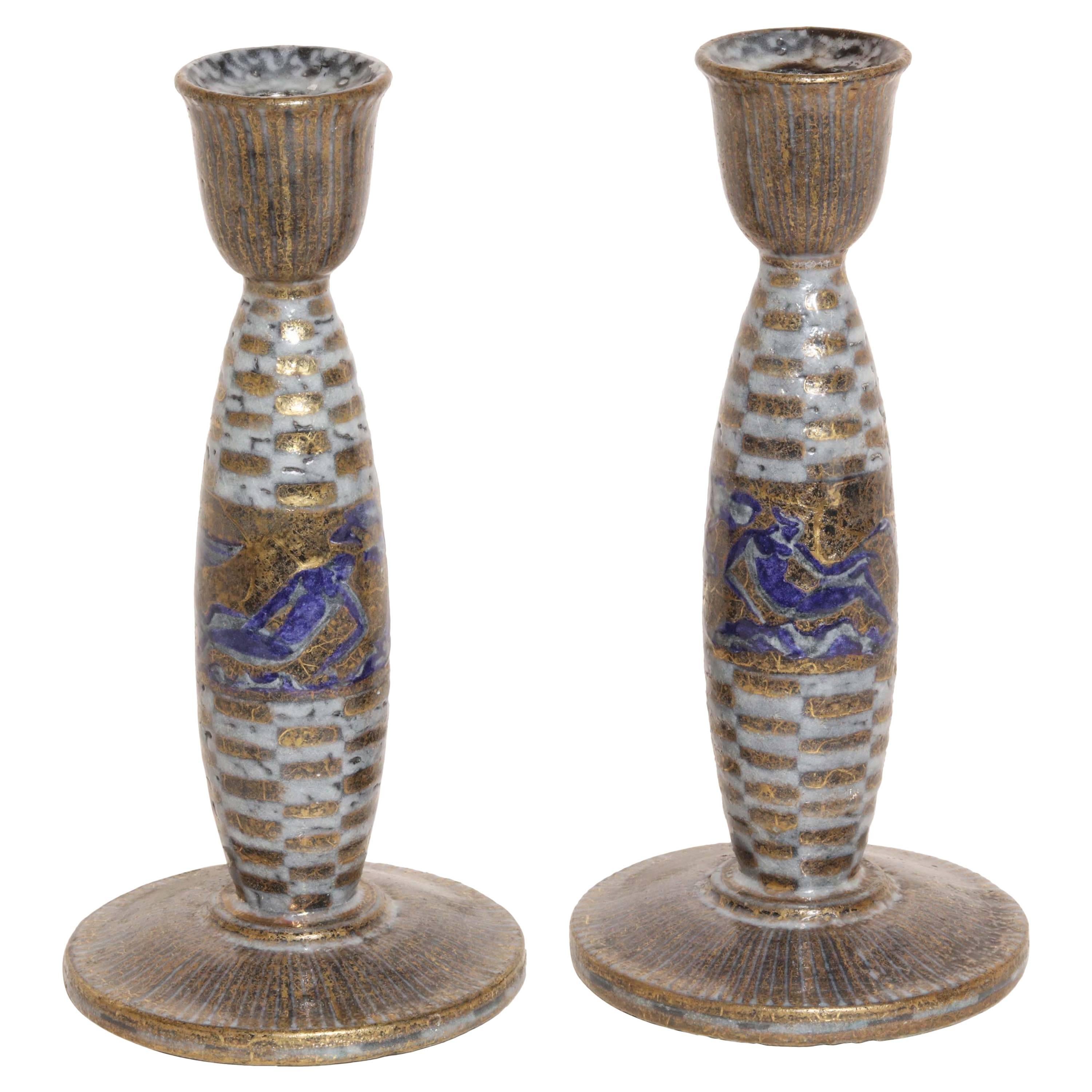 Jean Mayodon French Art Deco Pair of Ceramic Candlesticks For Sale