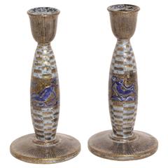 Antique Jean Mayodon French Art Deco Pair of Ceramic Candlesticks