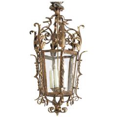 Antique Shapely Venetian Rococo Style Gilt Wrought-Iron Four-Light Hexagonal Lantern