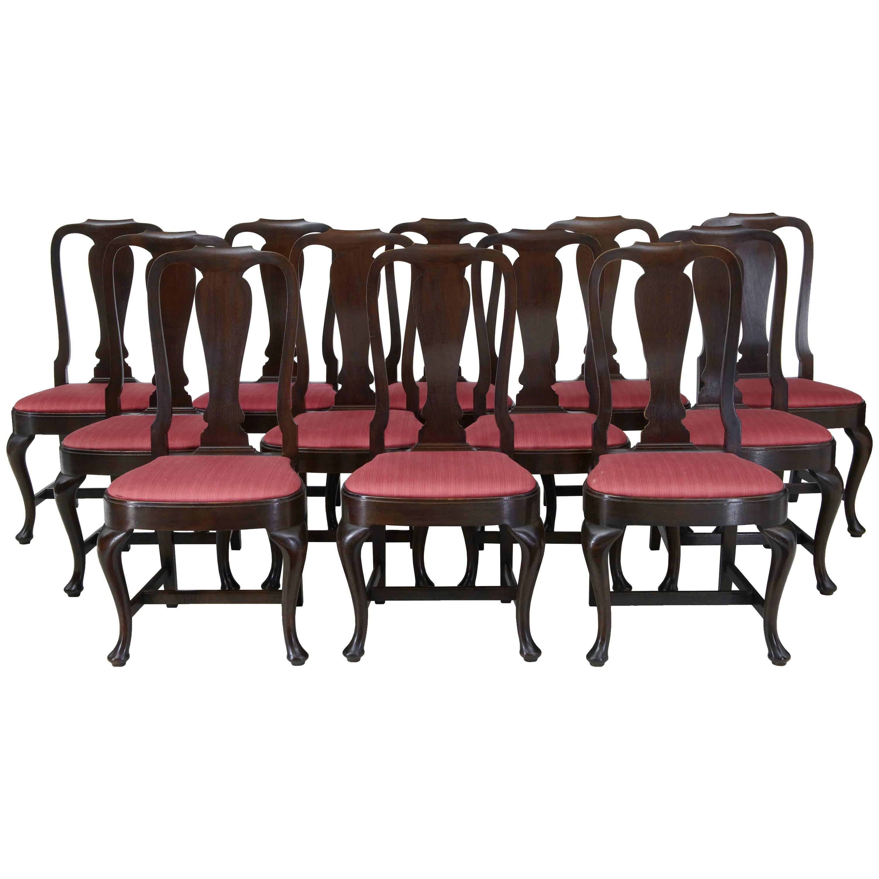 Set of 12 1920s Oak Queen Anne Design Dining Chairs