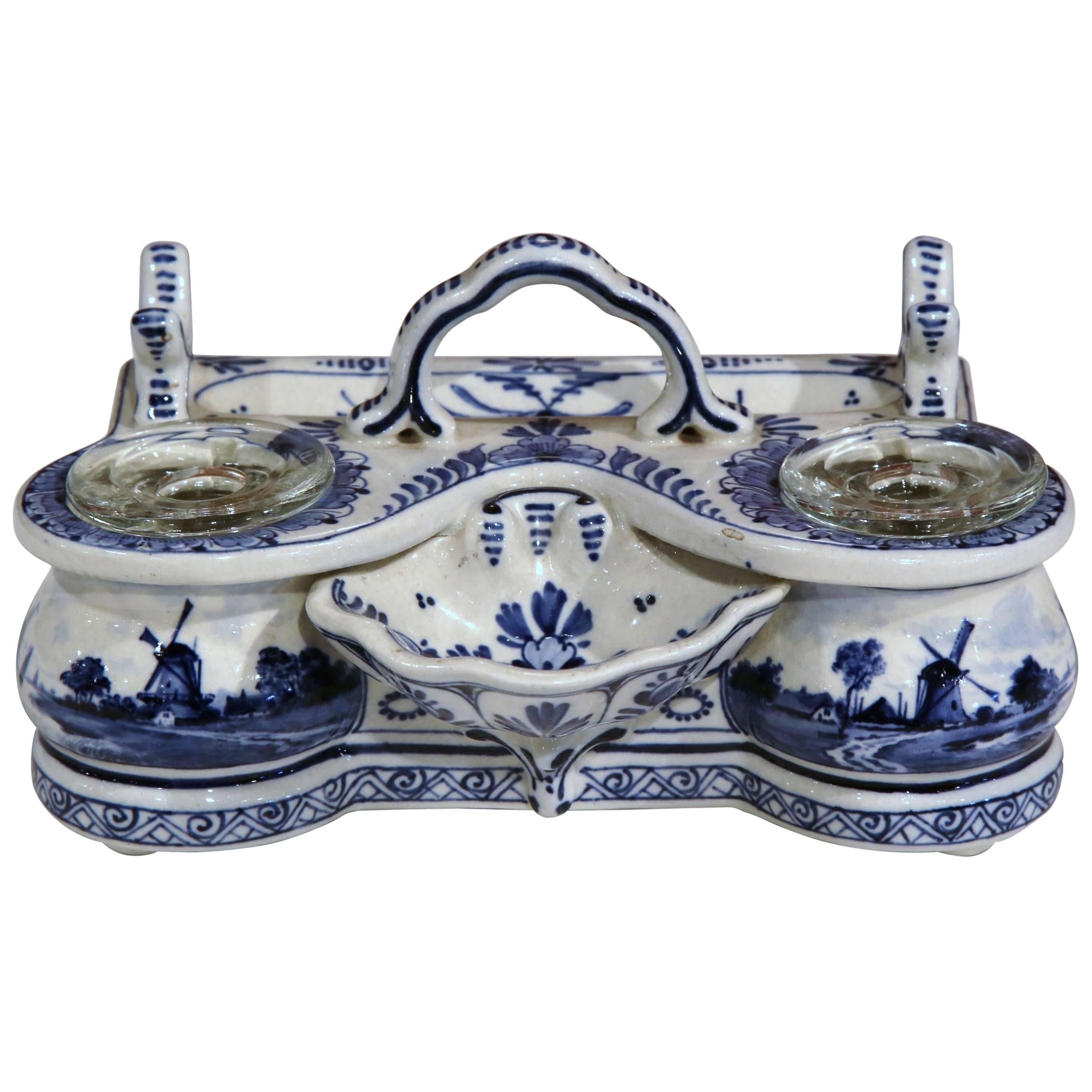 19th Century Blue and White Signed and Stamped Delft Inkwell