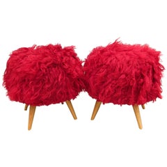 Pair of Turkish Mid-Century Modern Red Shag Ottoman's