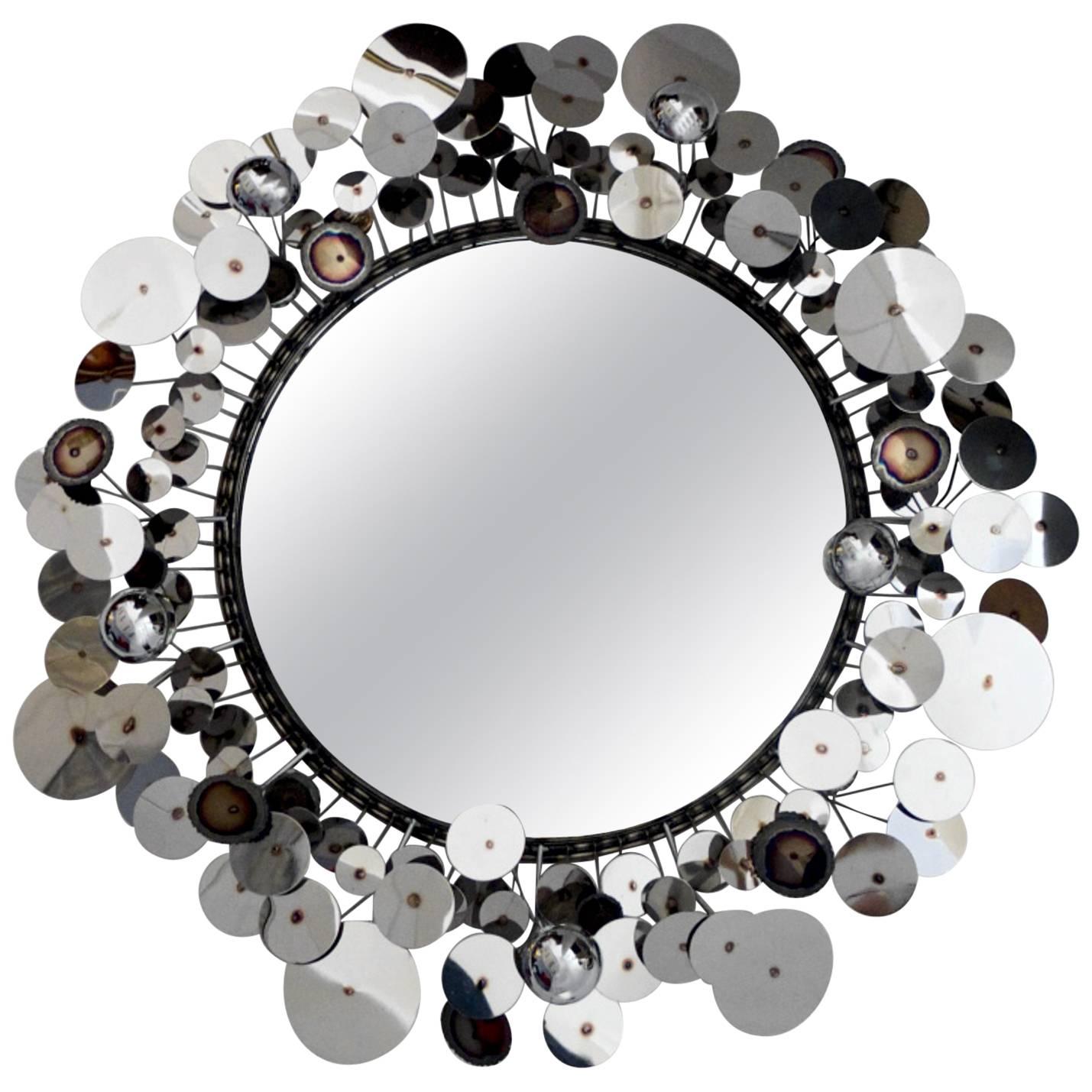 Curtis Jere Raindrops Silver Chrome Disc Sculpture Wall Mirror by Artisan House