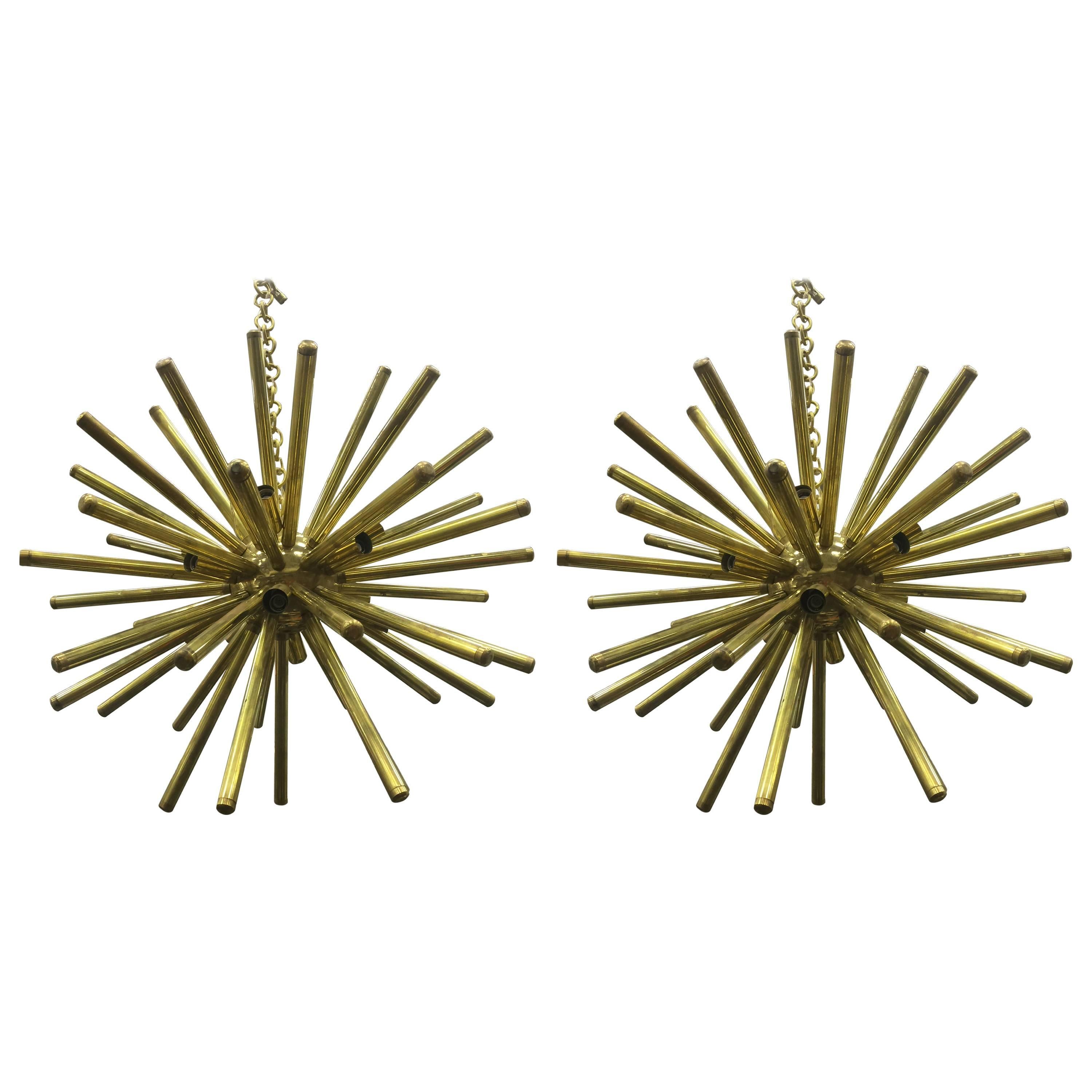 Stunning Pair of Sputnik Chandeliers with Substantial, Tubular, Brass Rods For Sale