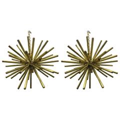 Stunning Pair of Sputnik Chandeliers with Substantial, Tubular, Brass Rods
