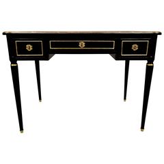 Antique French Late 19th Century Ebonized Louis XVI Writing Desk with Leather Top