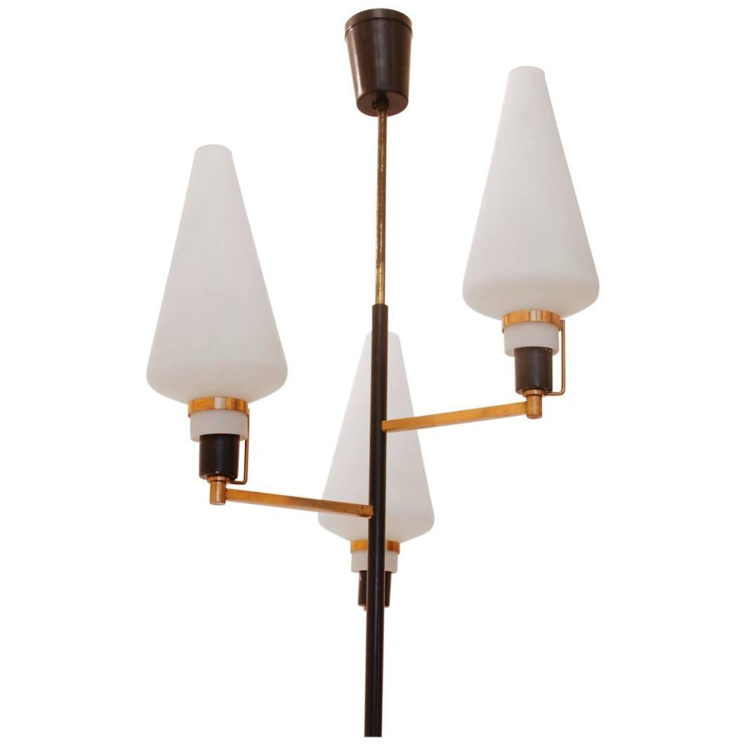 Italian Three-Armed Brass and Glass Chandelier, 1950s For Sale