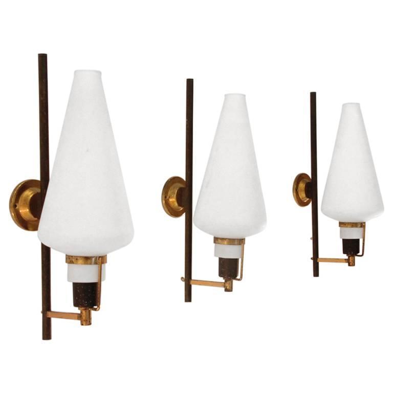Italian Brass and Glass Wall Light, 1950s, Set of Three For Sale at 1stdibs