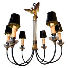 Lampadario imperiale in vetro e metallo nero con terminale a forma di aquila in bronzo, anni '30