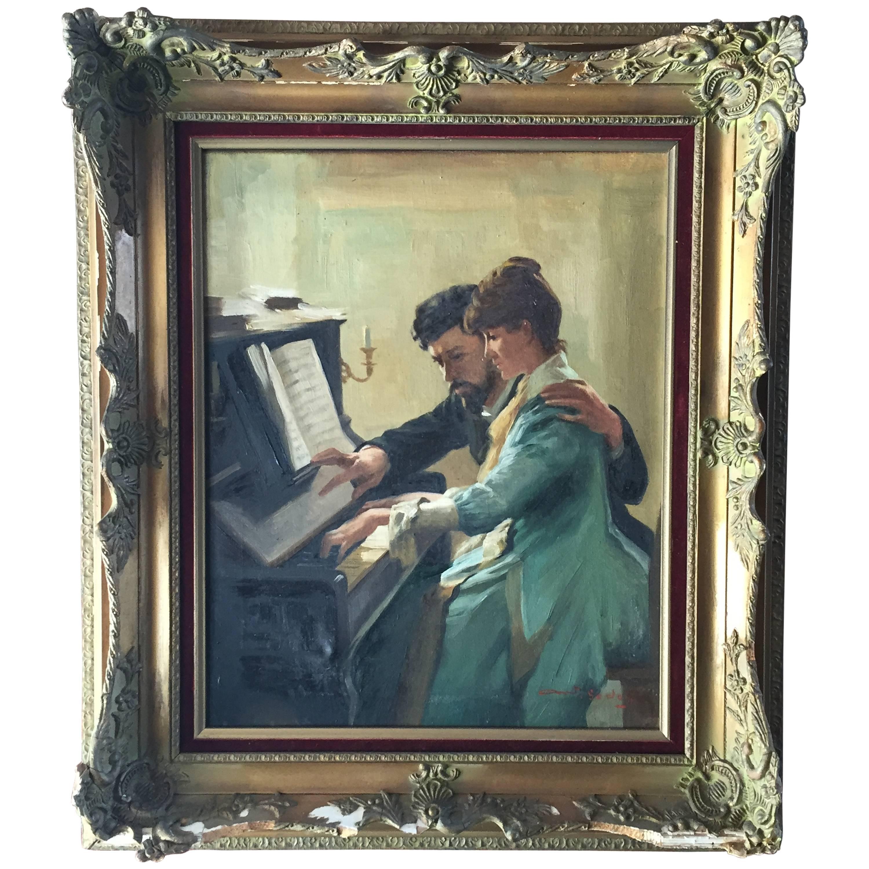 Antonio Godoy Piano Lesson Oil on Canvas Painting