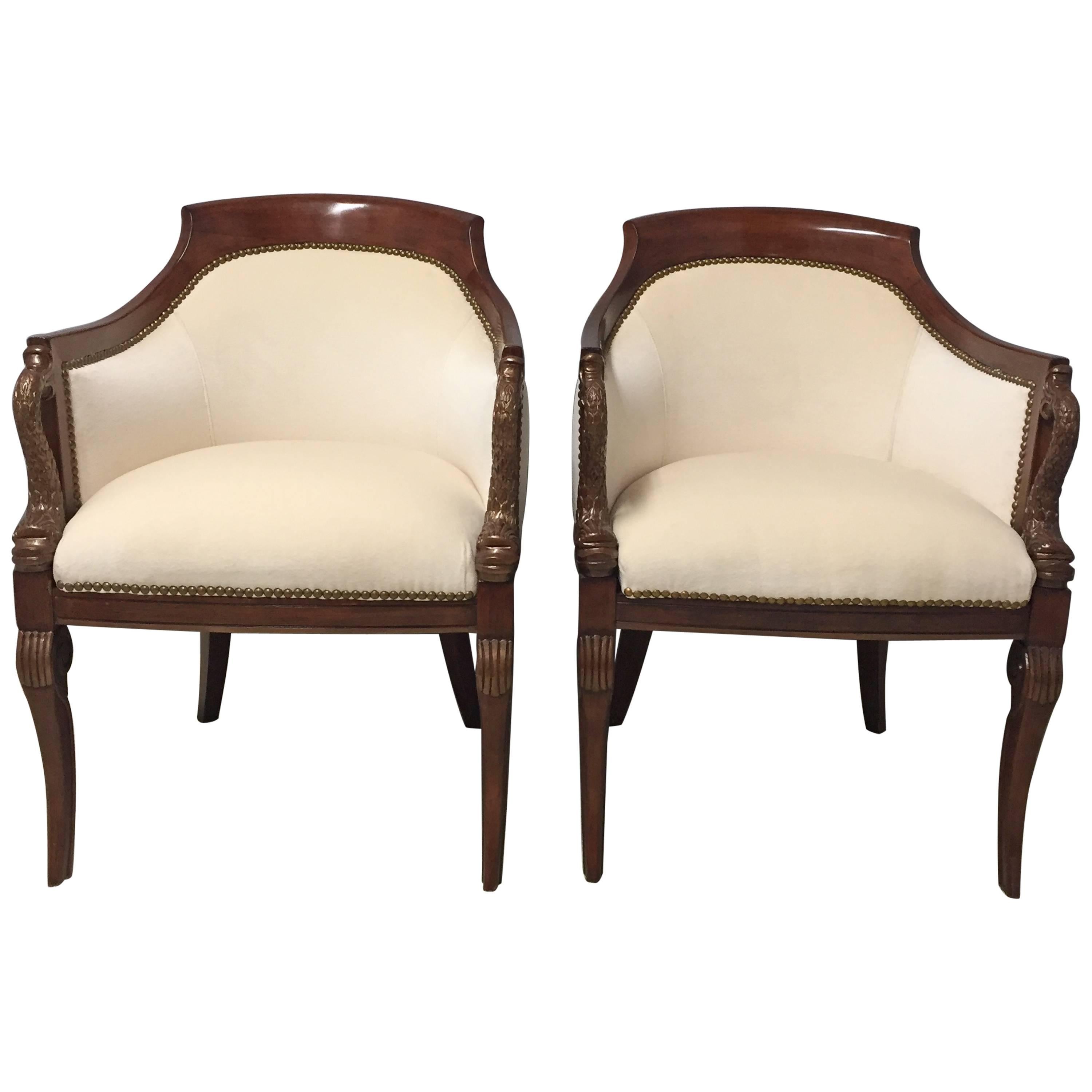 Superb Pair of Italian Mahogany and Cream Velvet Tub Chairs