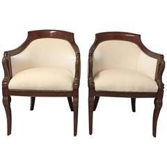 Superb Pair of Italian Mahogany and Cream Velvet Tub Chairs