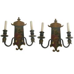 Pair of 1920s Hand-Painted Chinoiserie Wall Sconces